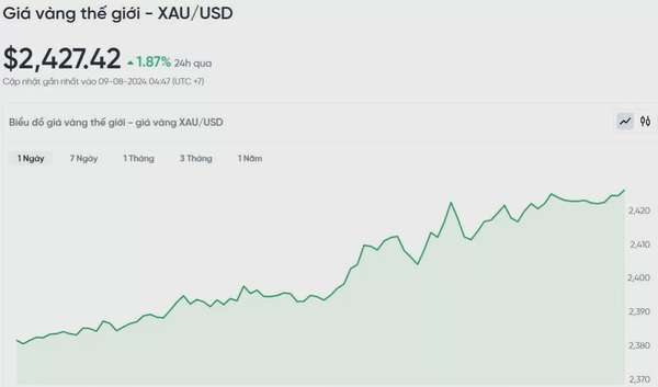 Giá vàng hôm nay 9/8/2024: Vàng trong nước giảm, vàng thế giới tăng 1% do nhu cầu trú ẩn an toàn