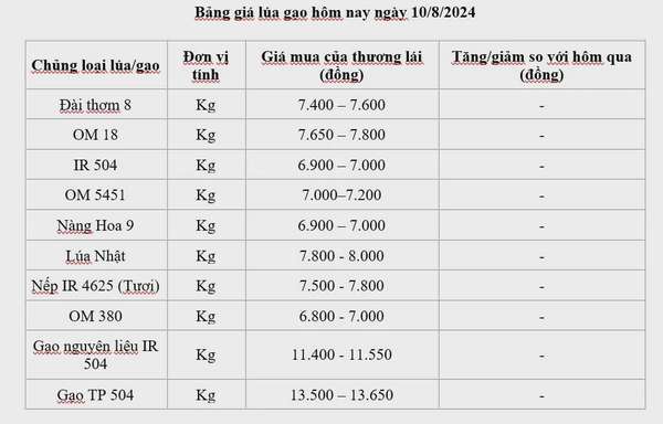 Giá lúa gạo hôm nay ngày 10/8/2024: Giá lúa