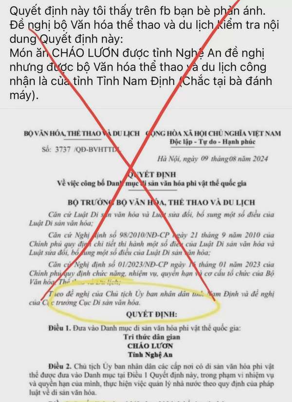 Đề nghị xử lý thông tin xuyên tạc việc cháo lươn Nghệ An được đề cử di sản