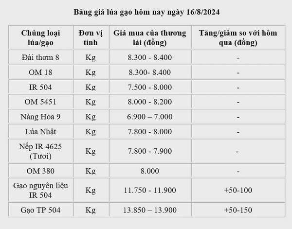 Giá lúa gạo hôm nay 16/8/2024: Giá gạo tăng nhẹ, giá lúa tăng từ 50-900 đồng