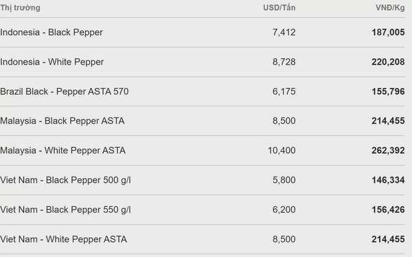 Giá tiêu thế giới mới nhất được cập nhật từ Hiệp hội hồ tiêu Quốc tế cập nhật ngày 16/8/2024