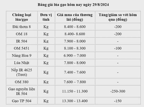 Giá lúa gạo hôm nay 29/8/2024: Giá gạo giảm 150 -300 đồng/kg; giá lúa giảm 100 - 200 đồng/kg