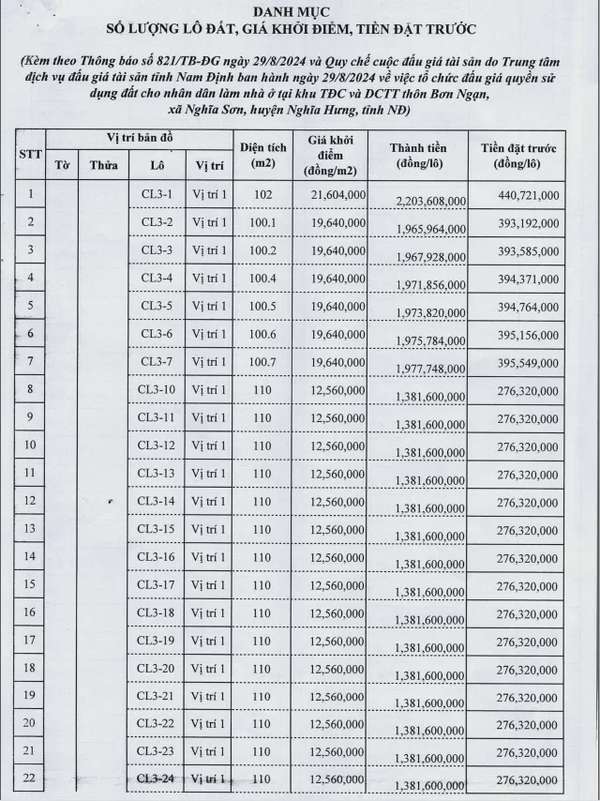 Nam Định đấu giá 134 lô đất tại huyện Nghĩa Hưng, giá thấp nhất 6 triệu đồng/m2