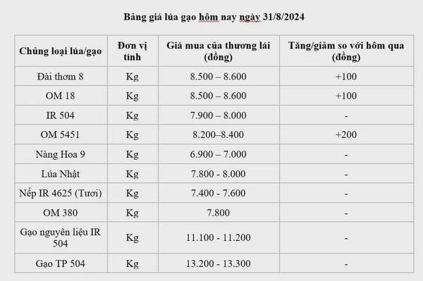 Giá lúa gạo hôm nay 31/8/2024: Giá gạo tăng, giảm trái chiều; giá lúa tăng