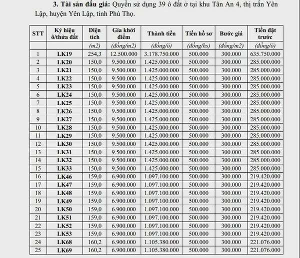 Phú Thọ: Sắp đấu giá 39 ô đất ở, giá khởi điểm thấp nhất gần 7 triệu đồng/m2