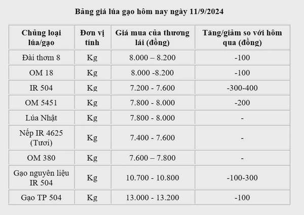 Giá lúa gạo hôm nay 11/9/2024: