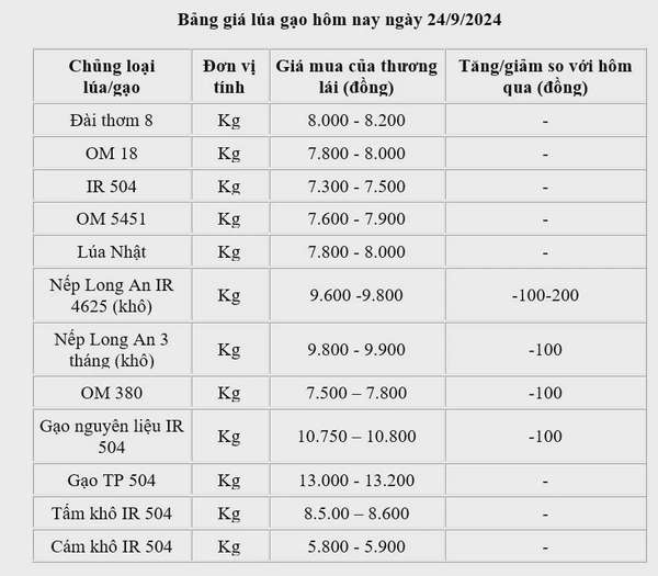 Giá lúa gạo hôm nay 24/9/2024: