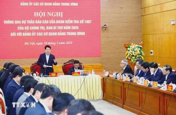 Ủy viên Bộ Chính trị, Chủ tịch nước Lương Cường, Trưởng Đoàn kiểm tra số 1907 phát biểu chỉ đạo. (Ảnh: Lâm Khánh/TTXVN)