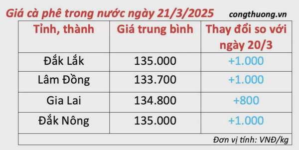 Giá cà phê hôm nay 21/3/2025 trong nước tăng 1.000 đồng/kg