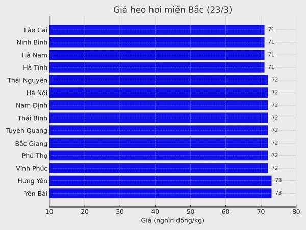 Biểu đồ giá heo hơi tại các tỉnh miền Bắc ngày 23/3.