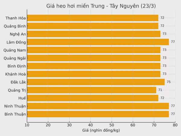 Biểu đồ giá heo hơi tại các tỉnh miền Trung - Tây Nguyên ngày 23/3.