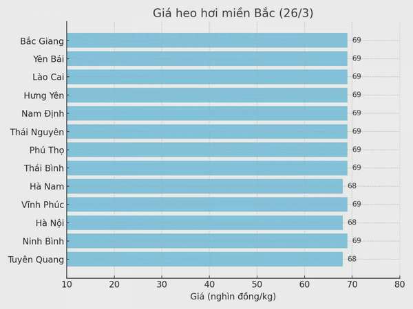 Biểu đồ giá heo hơi tại các tỉnh miền Bắc ngày 26/3.