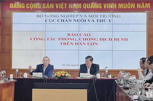 Hội nghị Phòng chống dịch bệnh và phát triển chăn nuôi lợn trong tình hình mới do Bộ Nông nghiệp và Môi trường tổ chức sáng 3/4, tại Hà Nội.