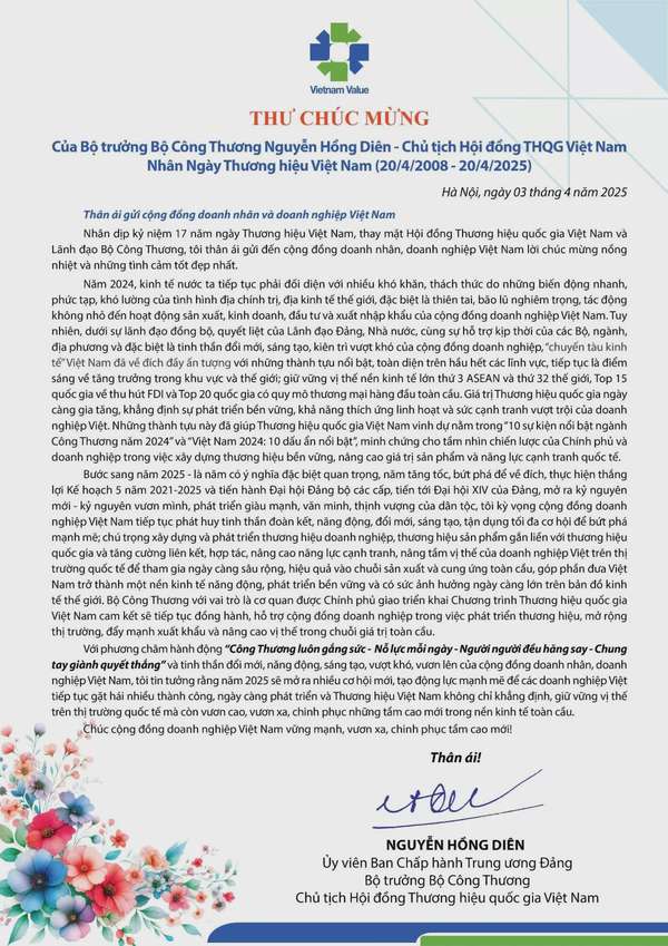Thư chúc mừng của Bộ trưởng Bộ Công Thương nhân Ngày Thương hiệu Việt Nam (20/4/2008 - 20/4/2025)