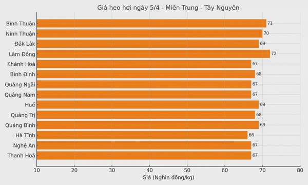 Biểu đồ giá heo hơi tại các tỉnh miền Trung - Tây Nguyên ngày 5/4.