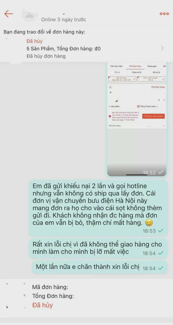 Đơn hàng của người bán bị hủy tự động do không có Shiper qua lấy hàng dù đã phản ánh với Shopee