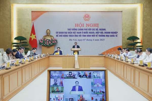Thủ tướng chủ trì Hội nghị với các bộ, ngành, cơ quan đại diện Việt Nam ở nước ngoài, các hiệp hội, doanh nghiệp để chủ động thích ứng với tình hình mới về thương mại quốc tế - Ảnh: VGP/Nhật Bắc