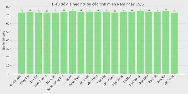 Biểu đồ giá heo hơi tại các tỉnh miền Nam ngày 19/5.