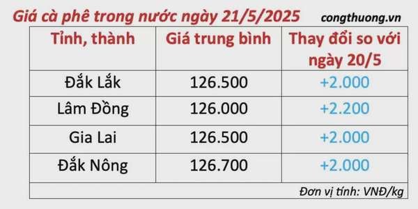 Giá cà phê hôm nay 21/5/2025, trong nước