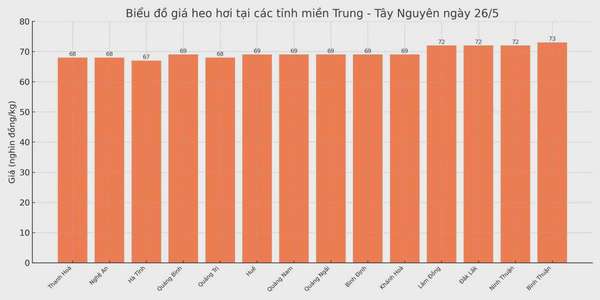 Biểu đồ giá heo hơi tại các tỉnh miền Trung - Tây Nguyên ngày 26/5.