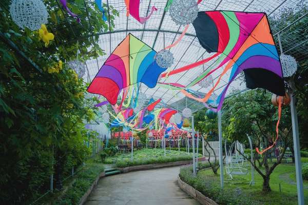 Khu vực trưng bày diều tranh Đông Hồ được bố trí theo dạng sắp đặt mở, tạo điều kiện cho khách tham quan dễ dàng chụp ảnh từ nhiều góc độ.