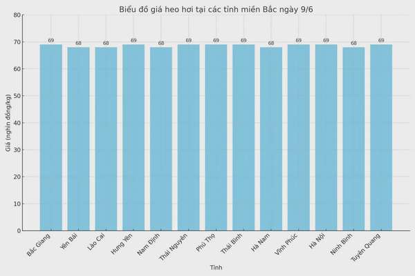 Biểu đồ giá heo hơi tại các tỉnh miền Bắc ngày 9/6.