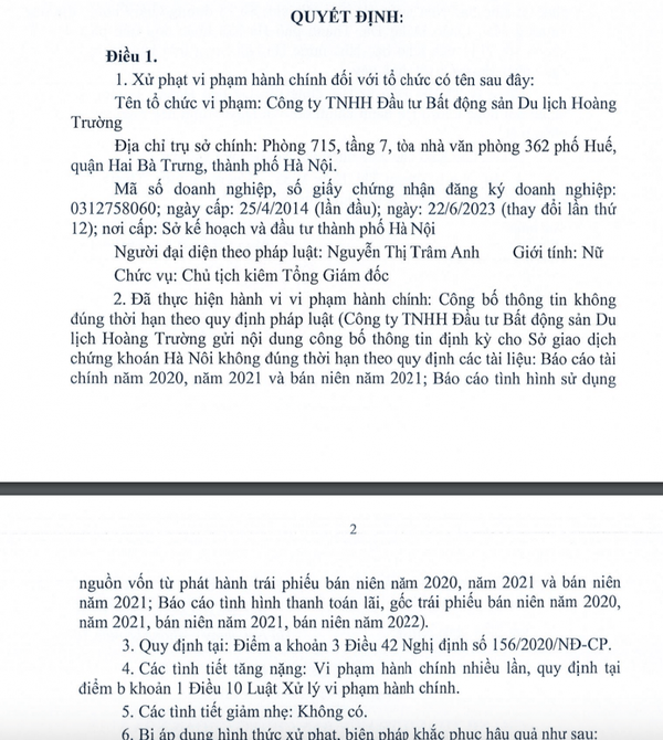 Bất động sản Du lịch Hoàng Trường nhận “tráp phạt” từ UBCKNN, có tình tiết tăng nặng vì vi phạm nhiều lần