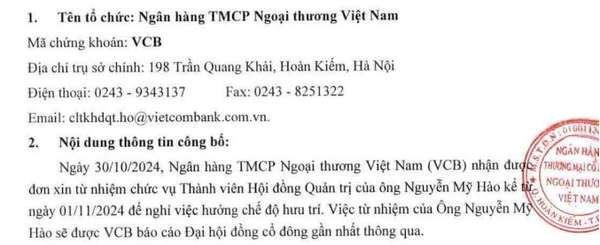 Lãnh đạo kỳ cựu Nguyễn Mỹ Hào chính thức rời ghế HĐQT Vietcombank (VCB)