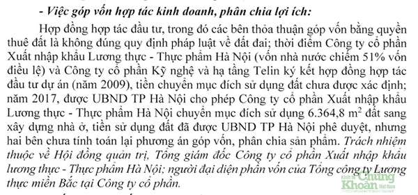 TTCP kết luận việc góp vốn dự án bằng quyền thuê đất là không đúng quy định. Trách nhiệm này thuộc về HĐQT, TGĐ Vihafood, và người đại diện phần vốn góp của Tổng công ty lương thực miền Bắc tại doanh nghiệp này