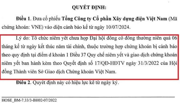 Cổ phiếu VNE vào diện cảnh báo lần thứ 2 trong năm nay