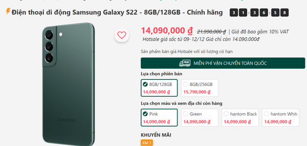 Samsung Galaxy S22 sale “có một không hai”: Chưa đến 15 triệu có ngay hàng hiệu