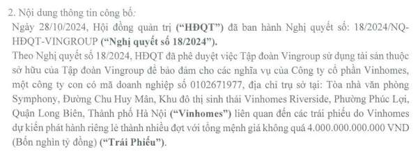 Vingroup (VIC) nhận bảo lãnh 4.000 tỷ đồng trái phiếu của Vinhomes (VHM)