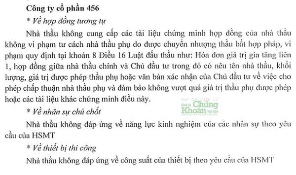 Thuyết mình của tổ chuyên gia về lý do loại Công ty CP 456