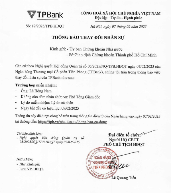 TPBank miễn nhiệm Phó Tổng giám đốc Lê Hồng Nam