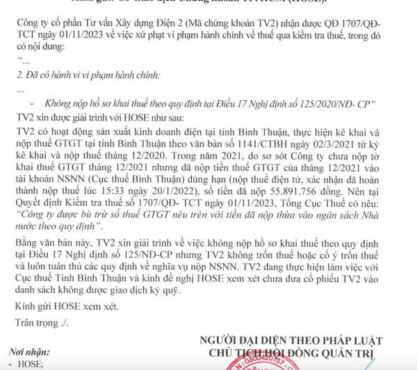 Tư vấn Xây dựng Điện 2 (TV2) nói gì khi lĩnh “tráp” phạt thuế hơn 2 tỷ đồng?