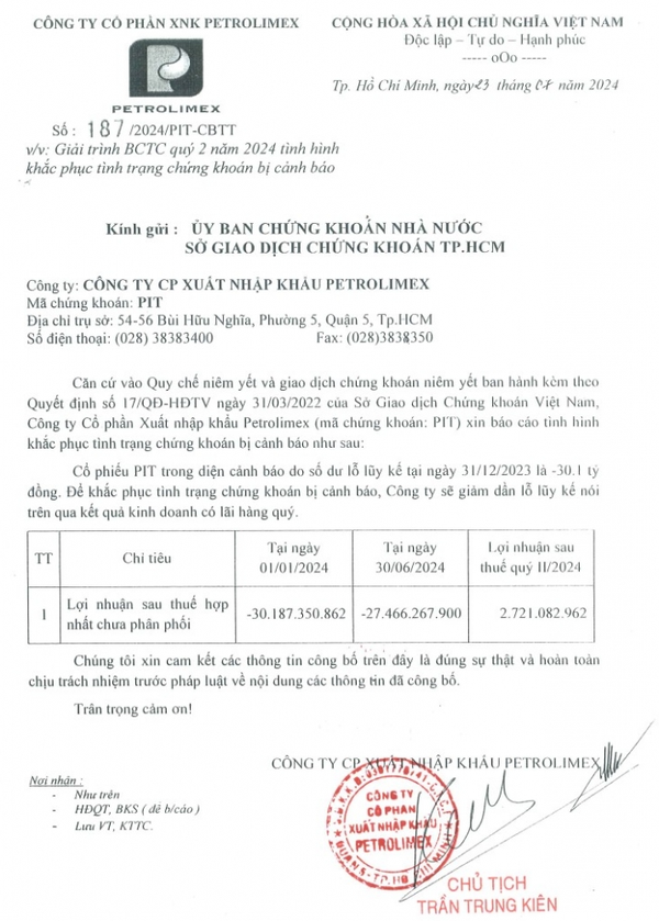 Xuất nhập khẩu Petrolimex (PIT) khắc phục lỗ và tình trạng cổ phiếu bị cảnh báo ra sao?