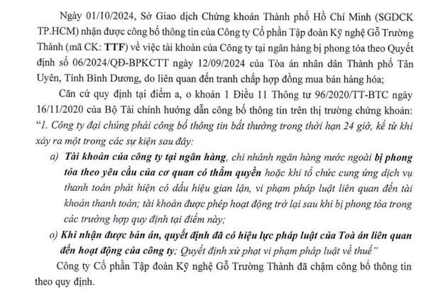 thông báo nhắc nhở chậm CBTT tài khoản của TTF tại ngân hàng bị phong tỏa đối với Công ty Cổ phần Tập đoàn Kỹ nghệ Gỗ Trường Thành