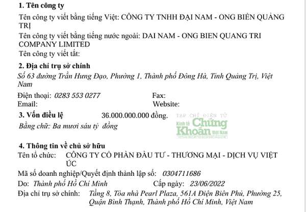 Giám đốc kiêm đại diện pháp luật của Đại Nam - Ong Biển Quảng Trị là ông Từ Ngọc Vinh, thường trú Đà Nẵng