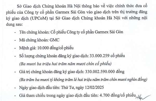 Rời HOSE, Garmex Sài Gòn (GMC) được định ngày lên UPCoM