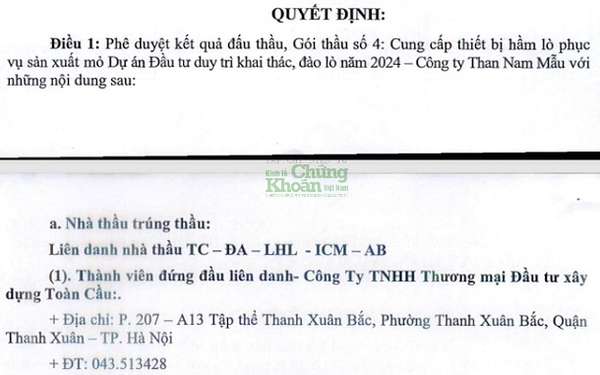 Xây dựng Toàn Cầu giữ vai trò đứng đầu liên danh tại gói thầu hơn 98 tỷ đồng vừa trúng ở Công ty Than Na Mẫu