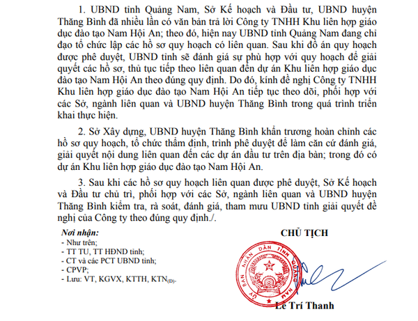 Văn bản trả lởi của tỉnh Quảng Nam