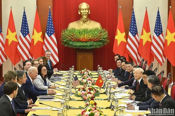 Tổng Bí thư Nguyễn Phú Trọng hội đàm với Tổng thống Hoa Kỳ Joe Biden, chiều 10/9/2023. (Ảnh: ĐĂNG KHOA)