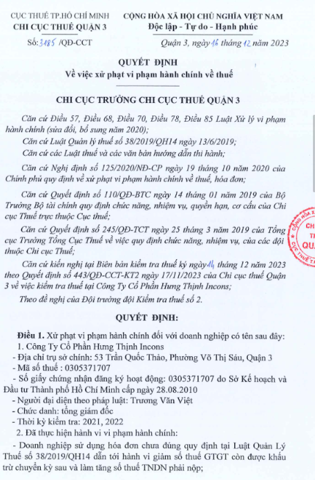 Vi phạm về thuế, Hưng Thịnh Incons (HTN) bị phạt và truy thu hàng tỷ đồng