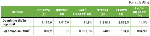 Doanh thu và lợi nhuận tính đến quý 3/2024 