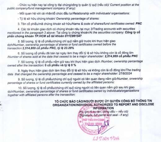 CTCP Phát triển Kinh doanh Thành Vinh báo cáo về ngày không còn là cổ đông lớn Công ty Cổ phần Văn hóa Phương Nam