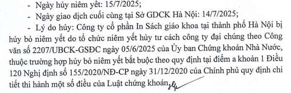 Thông báo về việc hủy niêm yết bắt buộc cổ phiếu TPH