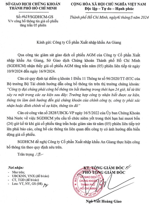 Sở Giao dịch Chứng khoán TP.HCM yêu cầu giải trình thông tin giá cổ phiếu tăng trần 05 phiên của Công ty Cổ phần Xuất Nhập Khẩu An Giang (mã CK: AGM)