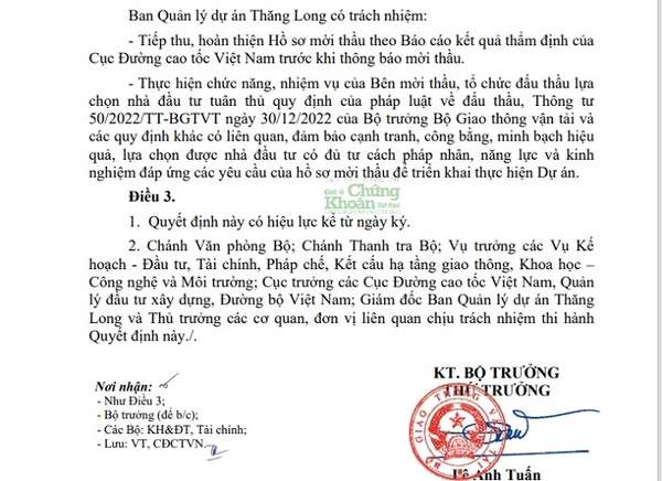 Trích Quyết định phê duyệt hồ sơ mời thầu lựa chọn nhà đầu tư cao tốc Dầu Giây - Tân Phú (giai đoạn 1) do Thứ trưởng Lê Anh Tuấn ký ngày 6/11/2024