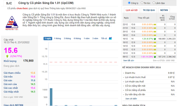 Cổ phiếu SJC của Sông Đà 1.01 đã tăng hơn 11 lần trong thời gian ngắn