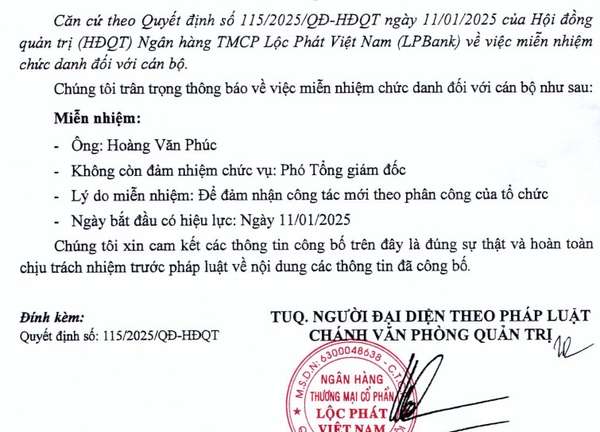 Thông báo thay đổi nhân sự của LPBank – Miễn nhiệm ông Hoàng Văn Phúc